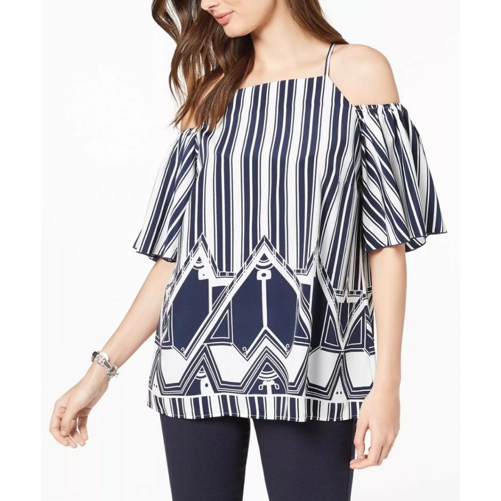 Alfani Cold Shoulder Geometric Print Top, size Large, Navy Blue and White